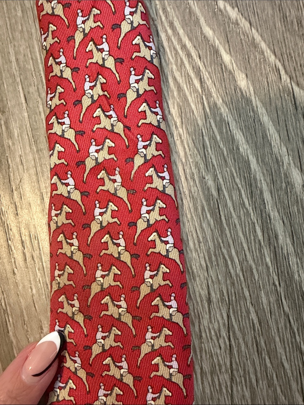 Hermes Paris Vintage Equestrian Jockey Pattern Print Men’s Silk Crimson Red Tie - Picture 9 of 9